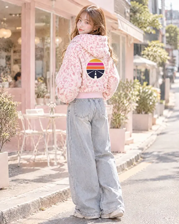 Chaqueta peluda con capucha Hypeway — Leopardo rosa